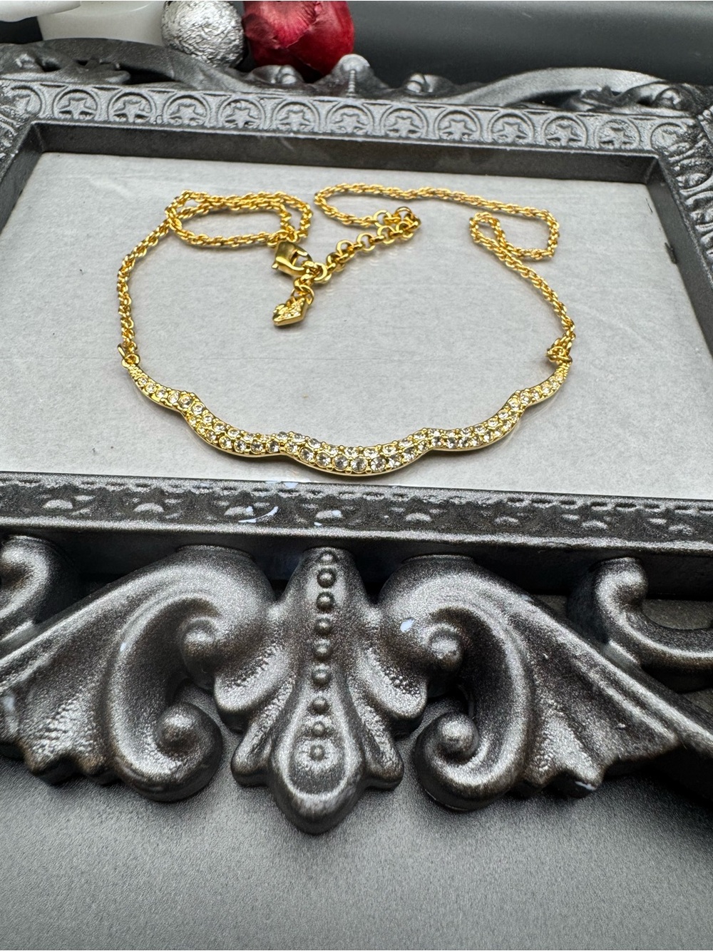 Swarovski Vintage pavé crystal/ scalloped bar necklace - gold tone